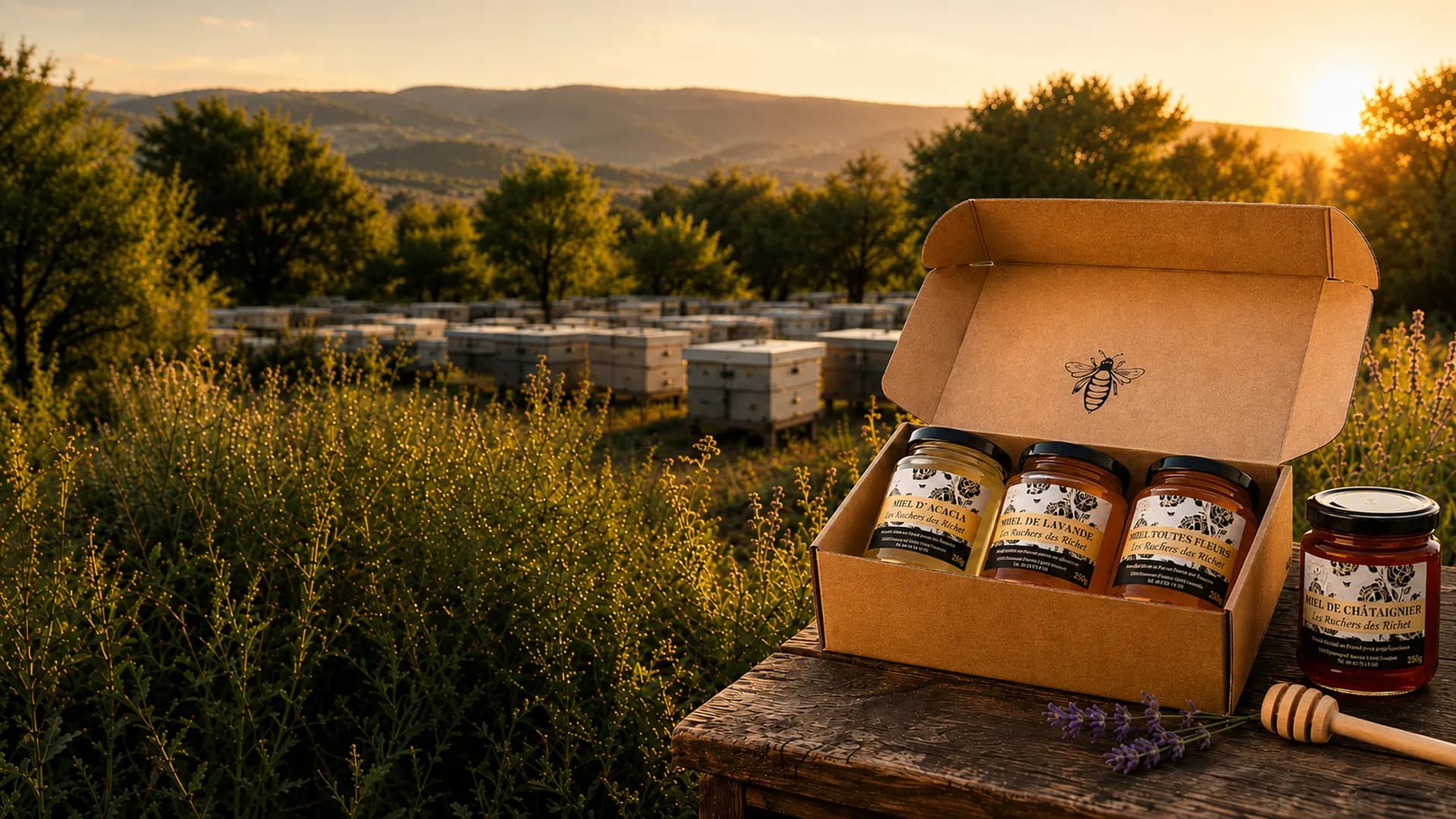 Coffret de miels personnalisés devant un rucher en Provence