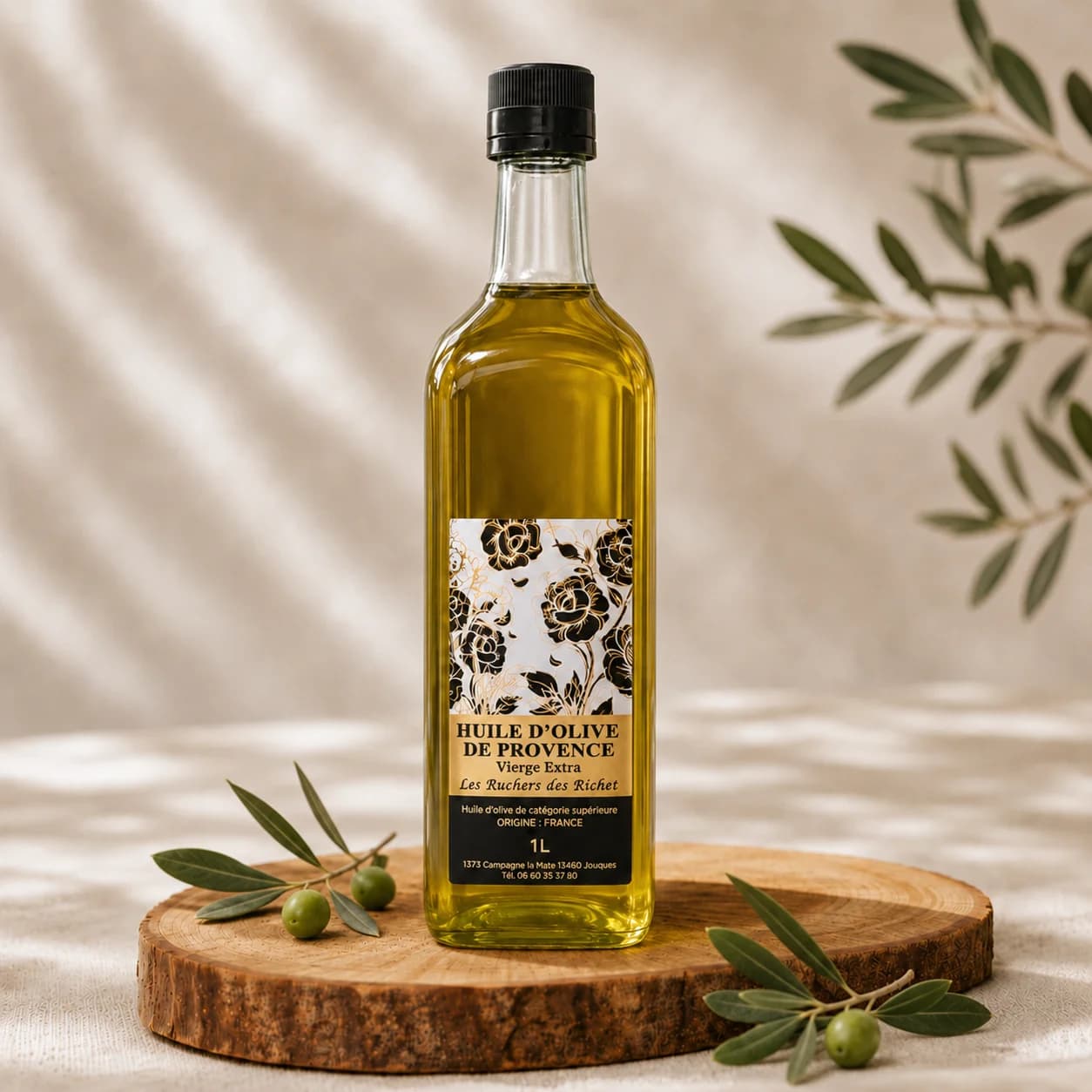 Bouteille d'huile d'olive de Provence Les Ruchers des Richet posée sur une table en bois, avec olives et branche d'olivier