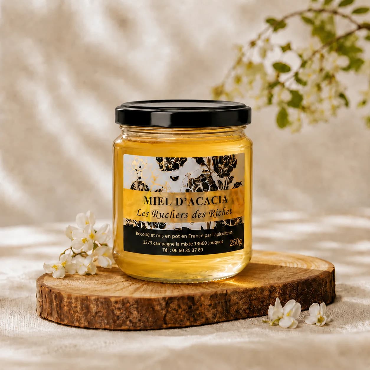 Pot de miel d'acacia Les Ruchers des Richet fermé, posé sur une rondelle de bois entre des fleurs d'acacia blanches