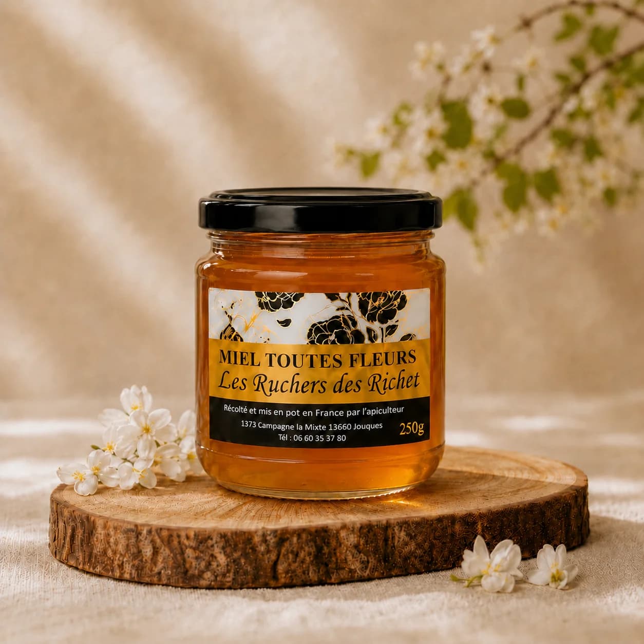 Pot fermé de miel toutes fleurs Les Ruchers des Richet, 250 g, posé sur une rondelle de bois avec des fleurs blanches