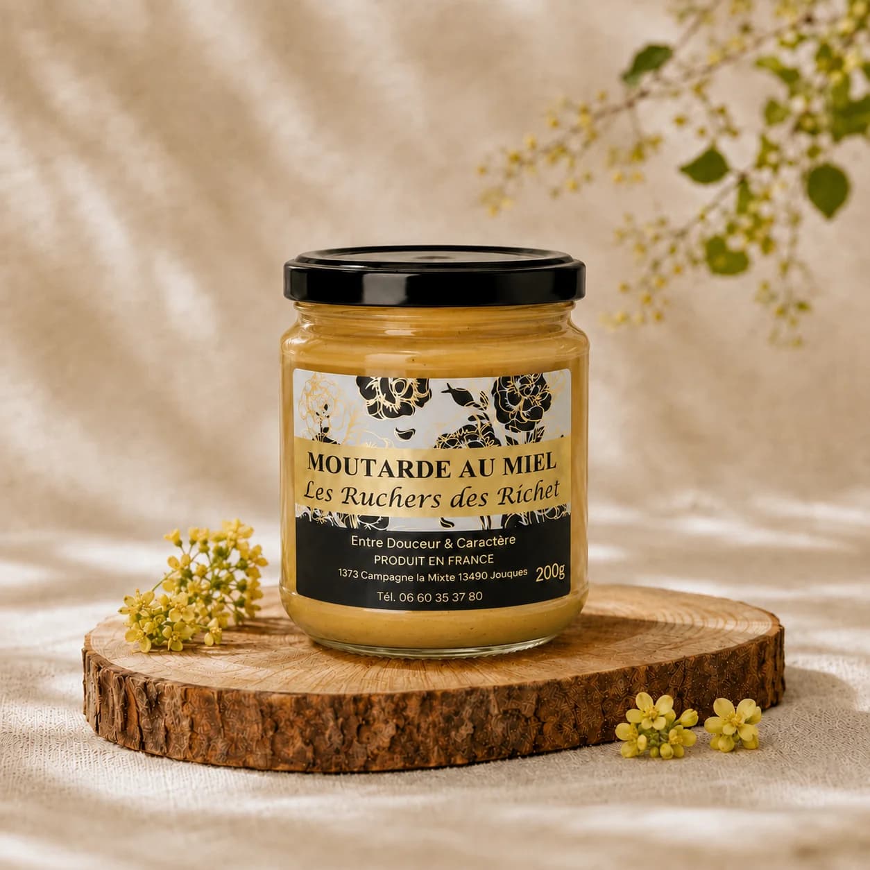 Pot fermé de moutarde au miel Les Ruchers des Richet posé sur une rondelle de bois, entouré de fleurs de moutarde jaunes