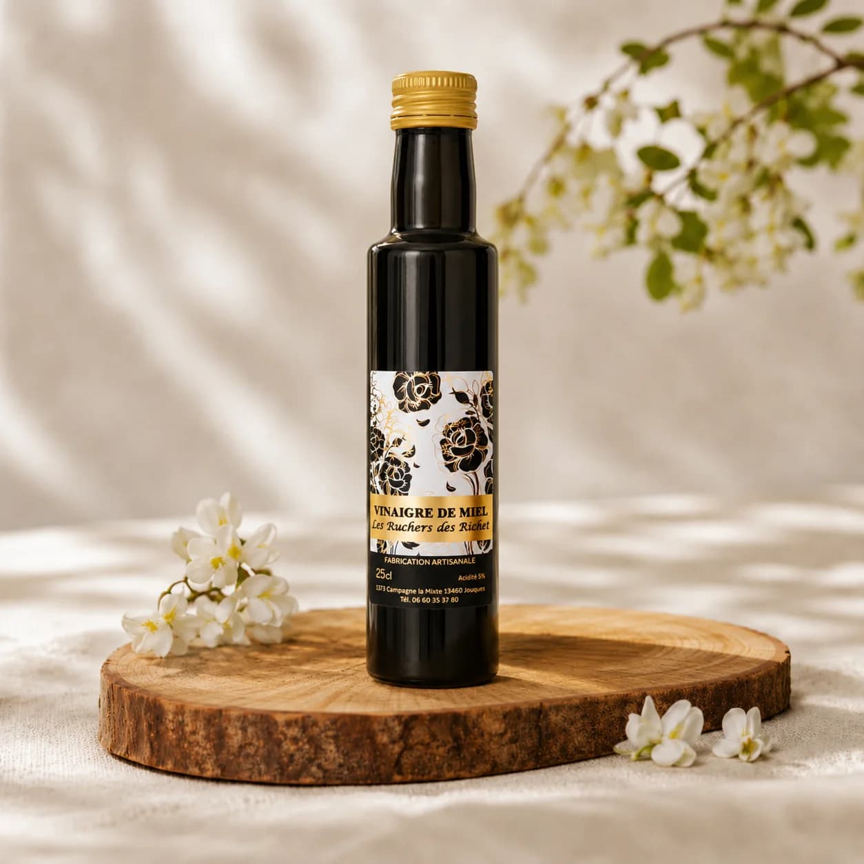 Bouteille de vinaigre au miel Les Ruchers des Richet, verre foncé et bouchon doré, posée sur une rondelle de bois entourée de fleurs blanches
